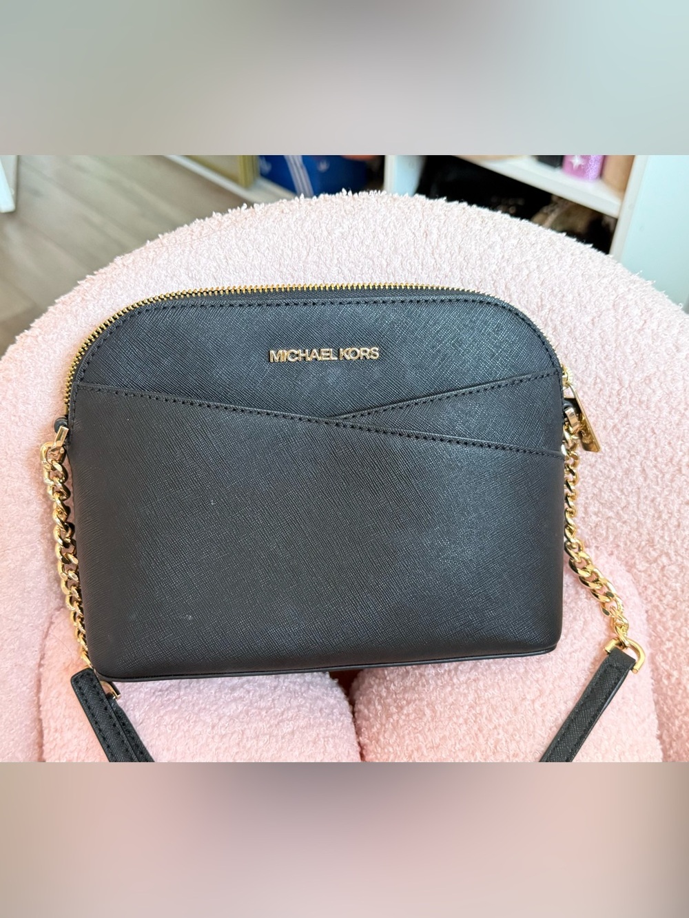 Michael Kors Black Saffiano Dome Crossbody with Gold Logo